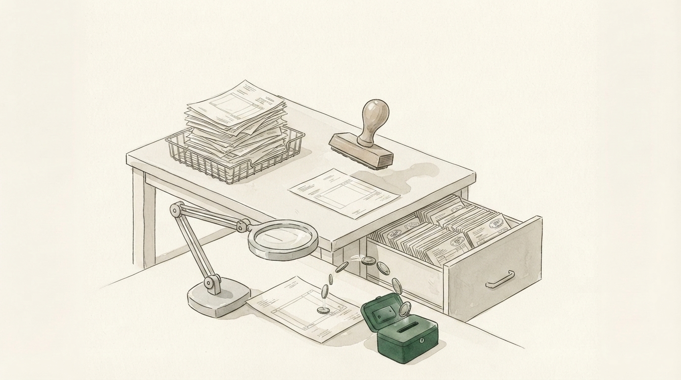 An ink and watercolor drawing of a mail desk: a pile of invoices in a wire tray, a rubber stamp, a filing drawer full of stamped sheets, and 1 sheet pulled aside under a magnifying lamp with coins spilling from it into a green money box.